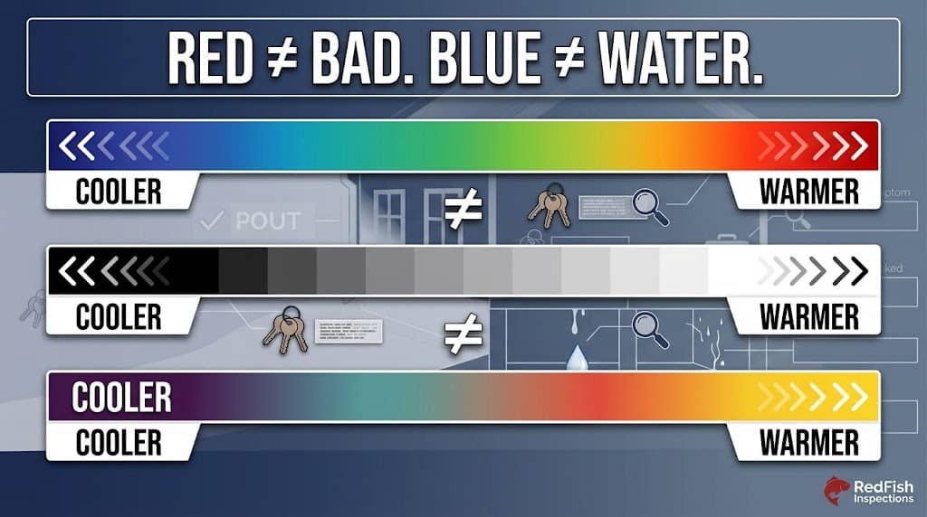 Thermal imaging color palettes showing that colors represent relative temperature, not specific defects