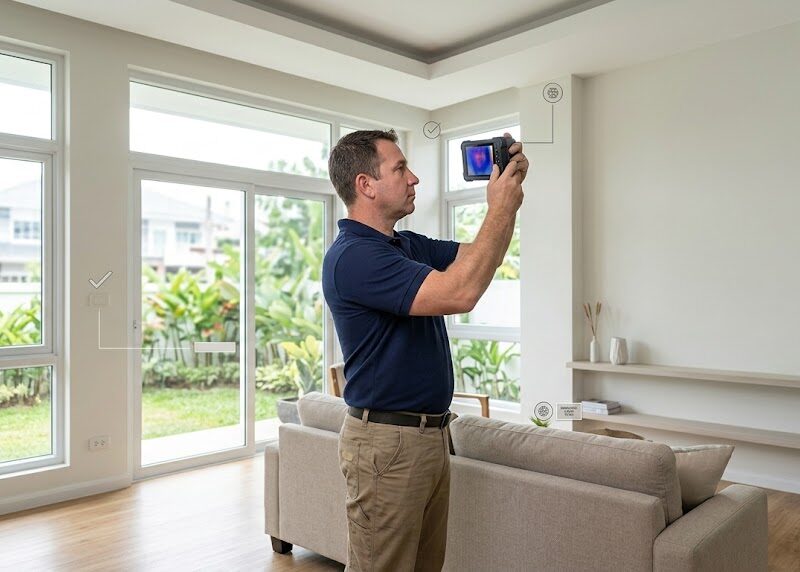 Home inspector using a thermal imaging camera during a thermal imaging inspection of a living room