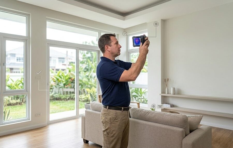 Home inspector using a thermal imaging camera during a thermal imaging inspection of a living room