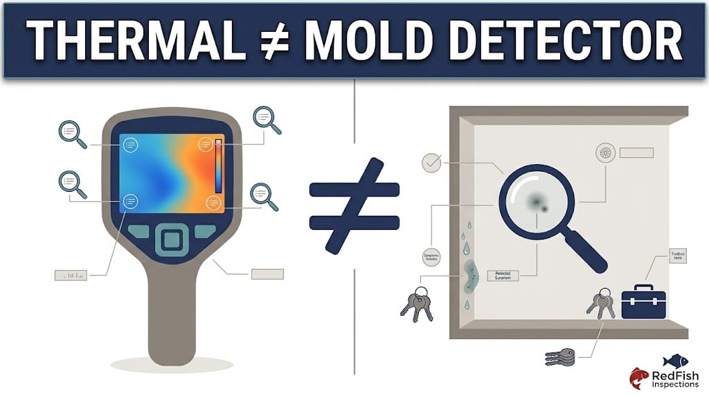 Educational graphic explaining that thermal imaging does not identify mold
