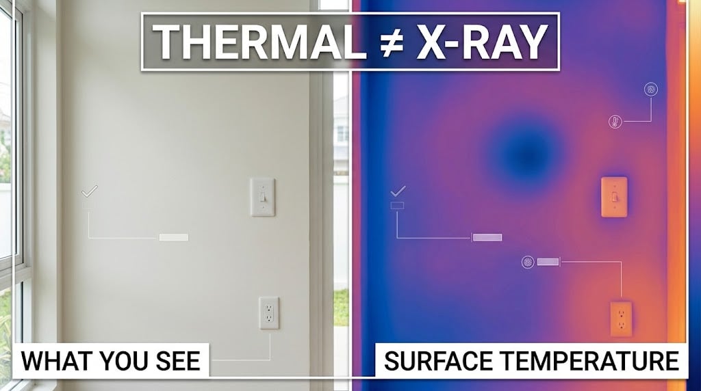 Side-by-side comparison showing thermal imaging measures wall surface temperature rather than seeing through walls