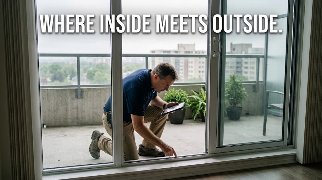 Home inspector examining a balcony door threshold in a Turtle Creek high-rise condo