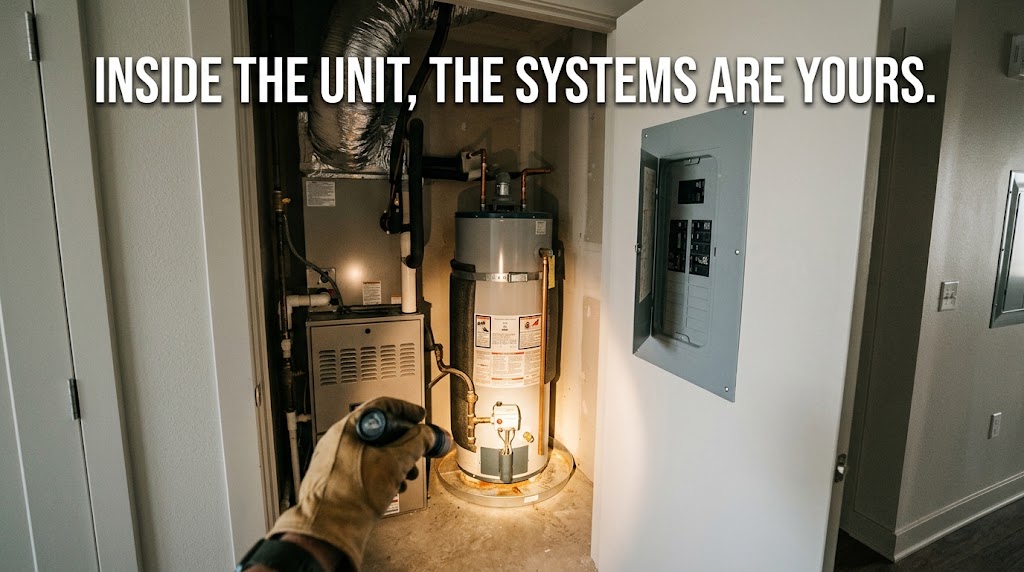 In-unit HVAC, water heater, and electrical panel inside a Turtle Creek condo