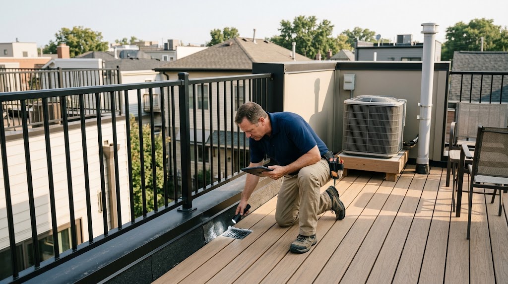 Home inspector examining a rooftop deck drain on an Uptown Dallas townhome