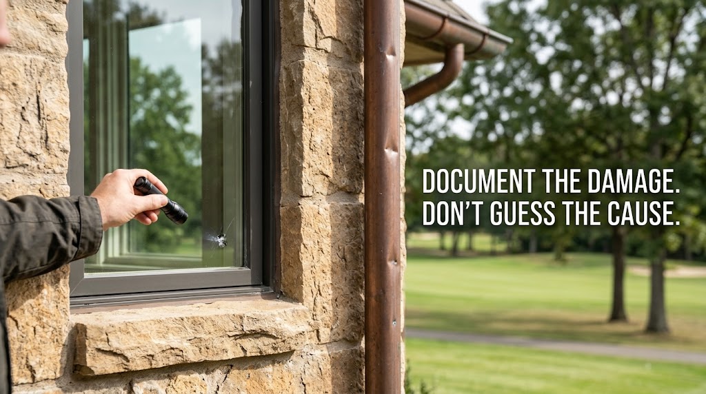 Home inspector documenting visible exterior damage on a golf-course-facing Vaquero home