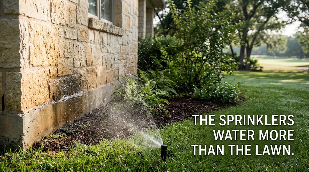 Landscape irrigation overspray wetting the wall and foundation of a Westlake estate home