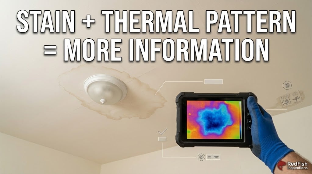 Water stains on a ceiling being evaluated with a thermal camera as one source of inspection information