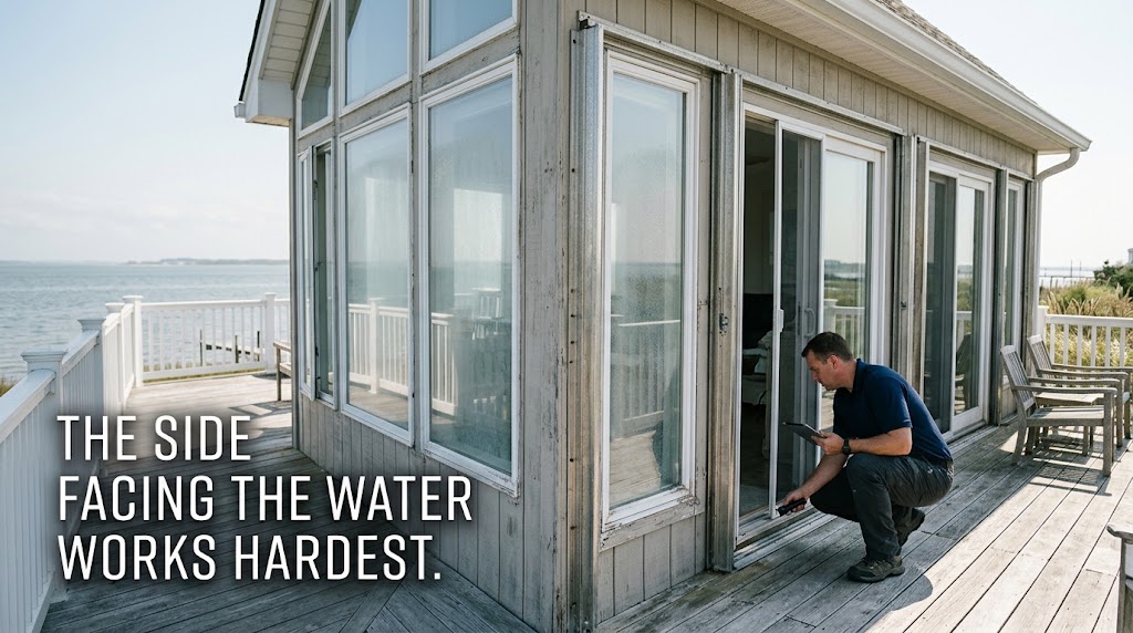 Home inspector examining bay-facing windows and doors on a waterfront home