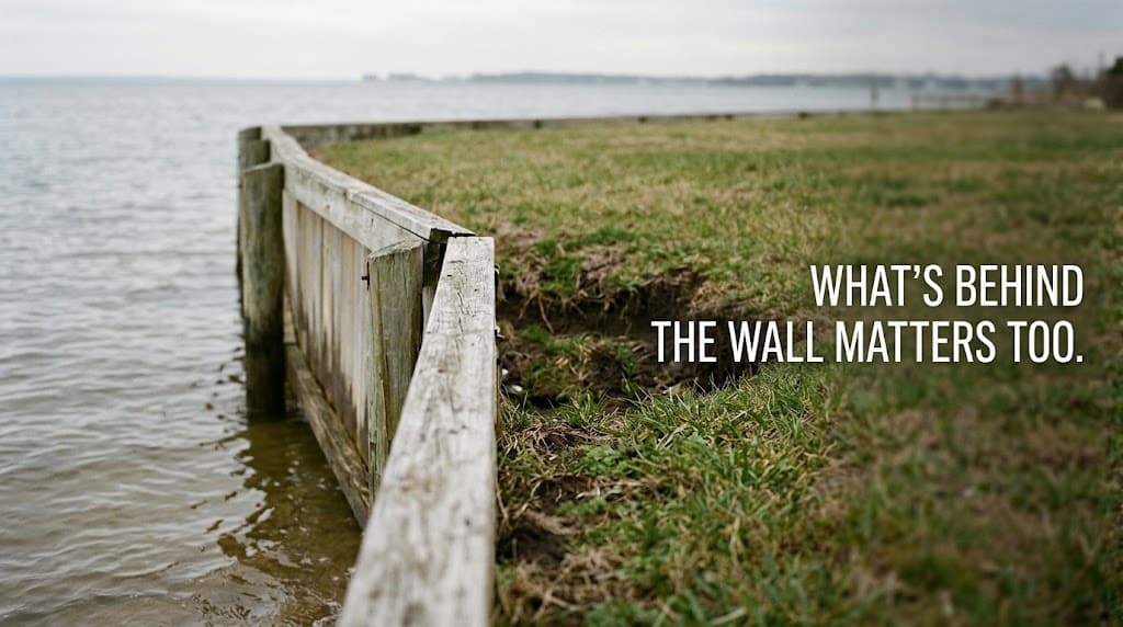 Leaning bulkhead section with soil loss behind it at a Galveston Bay waterfront property