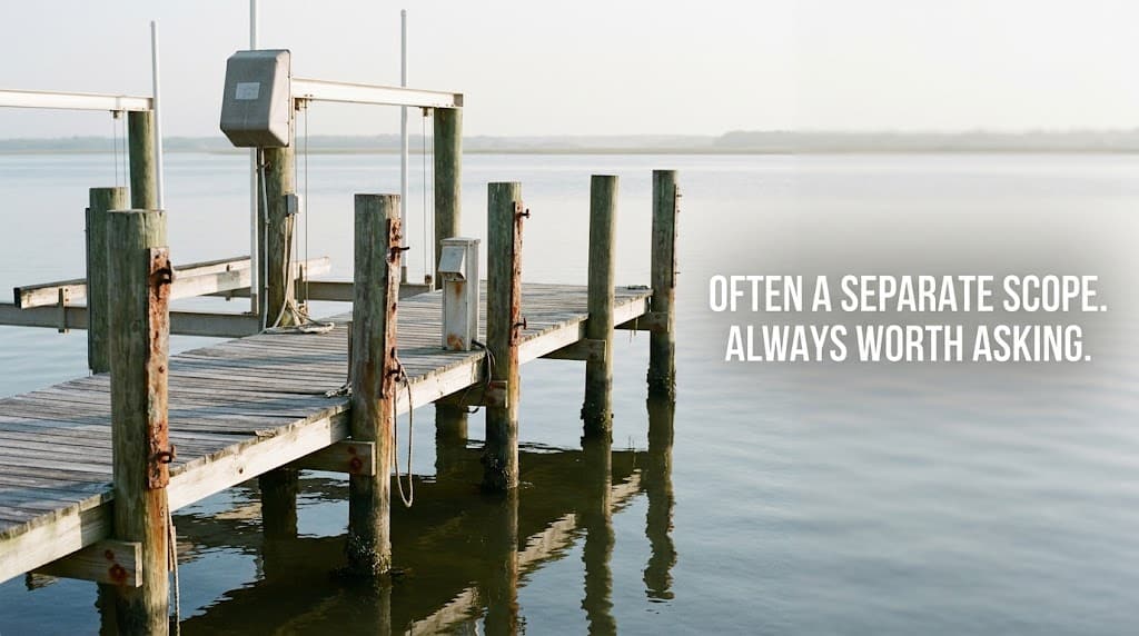 Residential dock with boat lift and electrical pedestal on Galveston Bay