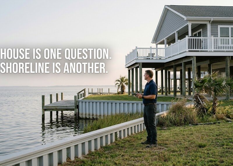 Home inspector at a waterfront property with a bulkhead and dock near Galveston Bay