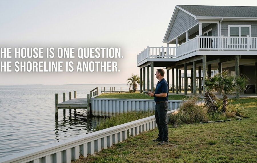 Home inspector at a waterfront property with a bulkhead and dock near Galveston Bay