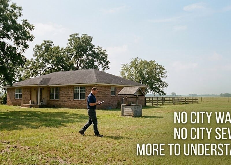 Home inspector approaching the well house at a rural property near Rosharon, Texas
