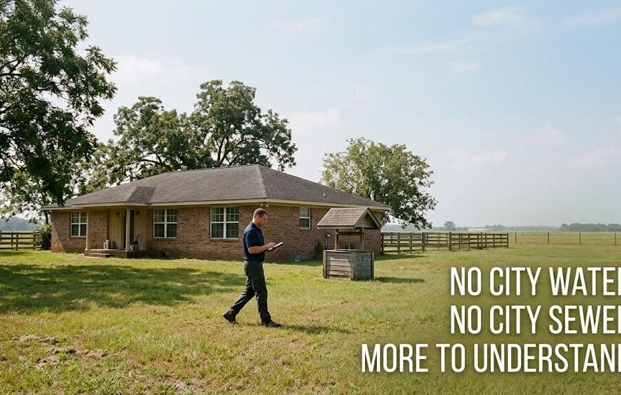 Home inspector approaching the well house at a rural property near Rosharon, Texas