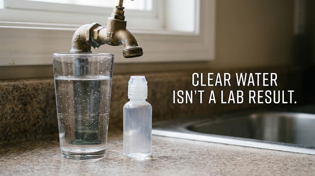 Glass of well water beside a sample bottle, showing water quality requires separate testing