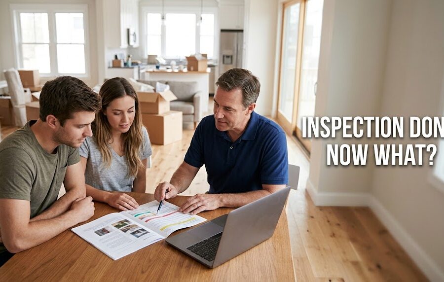 Home buyers reviewing what happens after a home inspection with their inspector