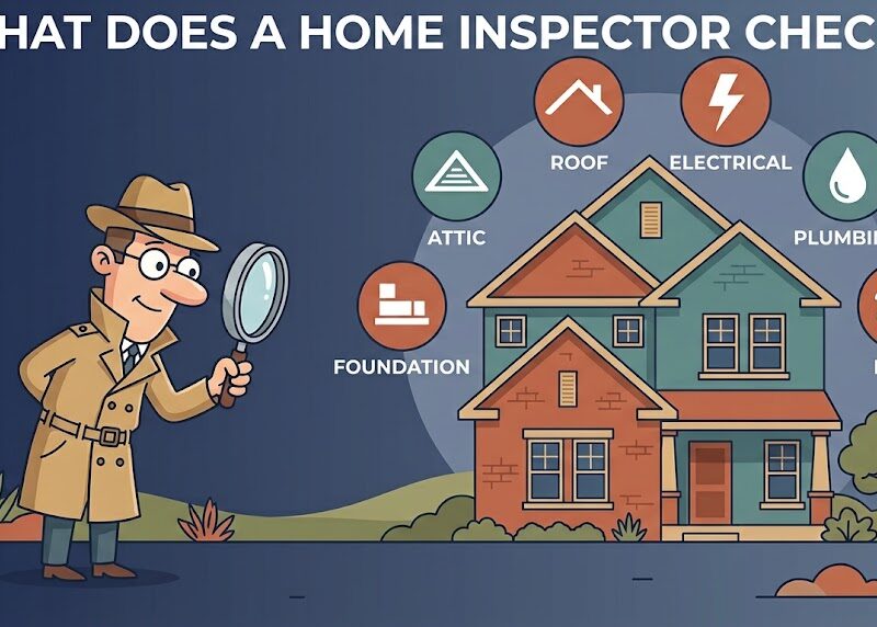 Diagram showing what is checked during a home inspection, including roof, electrical, plumbing, HVAC, foundation, and attic
