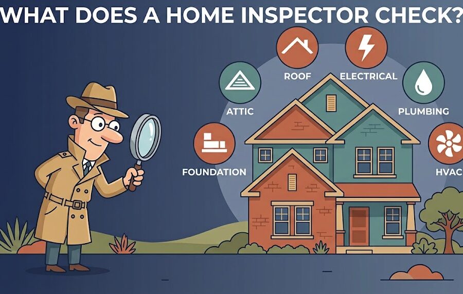 Diagram showing what is checked during a home inspection, including roof, electrical, plumbing, HVAC, foundation, and attic