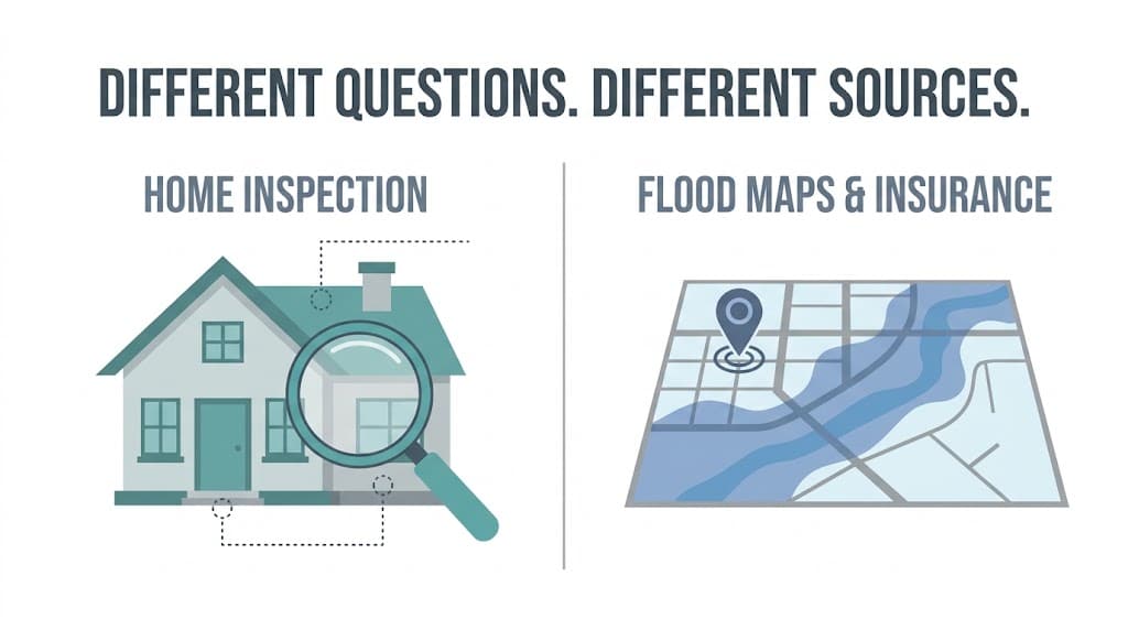 Graphic showing that a home inspection and flood-risk research answer different questions